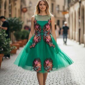 NWOT  Sachi & Babi GREEN TULLE EMBROIDEREDD PARTY DRESS